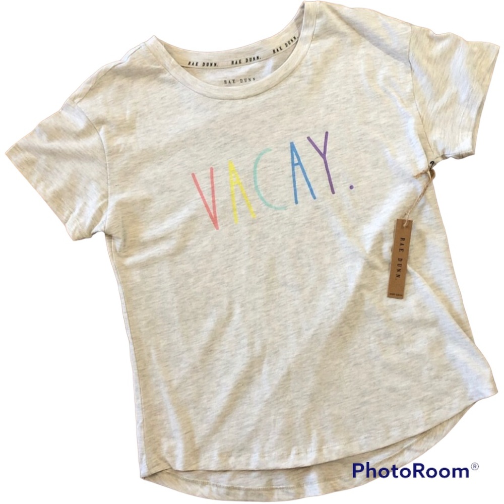 Rae Dunn 'Vacay' Heather Gray Print T Shirt Top M Nwt
